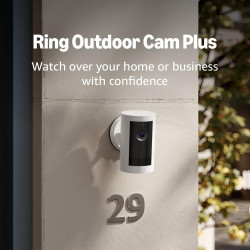 Ring Outdoor Cam Plus, Battery (newest model), Home or business security, Wide-Angle 2K Video with Ring Vision, Low-Light Sight for full-color night vision, Mount-Anywhere Versatility, White