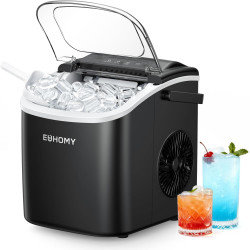 EUHOMY Countertop Ice Maker Machine with Handle, 26lbs in 24Hrs, 9 Ice Cubes Ready in 6 Mins, Auto-Cleaning Portable Ice Maker with Basket and Scoop, for Home/Kitchen/Camping/RV. (Black)