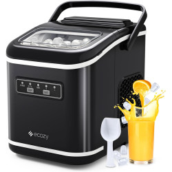 ecozy Countertop Ice Maker, Portable, Self-Cleaning, 9 Bullet Ice Cubes in 6 Mins, 26lbs/24Hrs, Ice Maker Machine with Ice Bags, Handle, Standing Scoop and Basket, Black