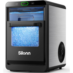Silonn Nugget Ice Maker Countertop, Crushed Ice Maker & Pebble Ice Machine Produces 44lbs/24h with Front Pull-Out Water Tank & Removable Basket for Home/Kitchen, Stainless Steel