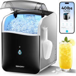EUHOMY Smart Nugget Ice Maker Countertop, Pebble Ice Maker Machine with APP Control, 40lbs/24H, Ready in 7 Mins, Self-Cleaning, Portable Sonic Ice Makers with Hanging Ice Scoop for Home/Kitchen/Office