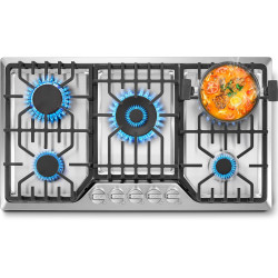 Gas Cooktop 36 inch with 5 Italy Sabaf Sealed Burners, Max 48,300 BTU Built-in Gas Stove Top, Propane Cooktop with 304 Stainless Steel Panel, NG/LPG Convertible, CSA Certified