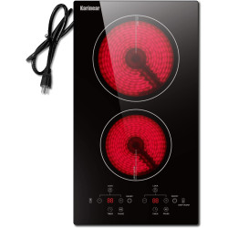 Karinear 2 Burners Electric Cooktop, 120v Plug in Ceramic Cooktop, 12 Inch Countertop & Built-in Electric Stove Top with Child Safety Lock, Timer, Over-Temperature Protection, Sensor Touch Control