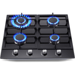 Gas Stove Top 24 Inch, Amzgachfktch Built-in Gas Cooktop 4 Burner, Black Tempered Glass Stove with NG/LPG Conversion Kit, Kitchen Propane Cooktop with Thermocouple Protection