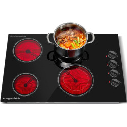 Electric Cooktop 30 Inch - 4 Burners Built-in Ceramic Cooktop, 30" Radiant Electric Stove Top with Knob Control, Hot Surface Indicator, 6700W, 220-240V Hard Wire(No Plug)