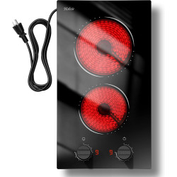 Hobsir 2 Burner Electric Cooktop 110v, Plug in Electric Stove Top, 2000W Electrical Stove Top Burner, 12 Inch Countertop & Built-in Ceramic Cooktop, Knob Control, 9 Power Level