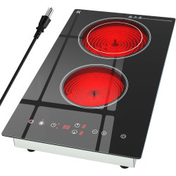 Electric Cooktop 2 Burner, 1800W Radiant Electric Stove Top 120V with Countertop & Built-in Design, 12 inch Touch Control Ceramic Cooktop with Safety Lock, 9 Level Power, Timer - Plug in