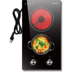 Electric Cooktop 2 Burner, 110V Electric Stove Plug in, 2000W Cooktop Electric Knob Controls, 12 Inch Countertop & Built-In Portable Kitchen Cooktop, 9 Power Levels, Karienvir, Residual Heat Warnings