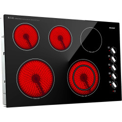 30 Inch Electric Cooktop, 5 Burners Built-in Cooktop, 7300W Knob Control Electric Stove Top with 11 Power Levels, Safety Lock, Dual Ring, Heat Retention Function, Hot Surface Indicator