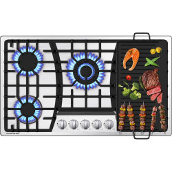 36 inch Gas Cooktop with Griddle, Bulit-in Gas Stove Top with 5 Burner, NG/LPG Convertible Cooktops, 5 Burner Propane Cooktop with Thermocouple Protection, Stainless Steel