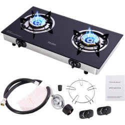 Hothit Portable 2 Burner Propane Stove Gas Cooktop, 28600 BTU Tempered Glass Auto Ignition for Outdoor Kitchen, Camping, RV, Small Apartment