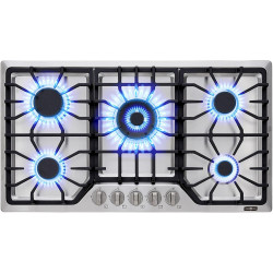 30 inch Gas Cooktop with 5 Italy SABAF Powerful Burners.Max 48,300 BTU/hr Built-in Gas Stove top of 304 Stainless steel,NG/LPG Convertible,ETL.