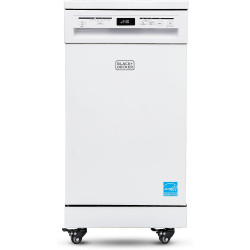 BLACK+DECKER 18” Portable Dishwasher, Compact Dish Washer with 8-Place Setting Capacity, Stainless Steel Tub, 6 Wash Programs, Worktop Space, Mobile Dishwasher with Casters, Faucet Connect, White