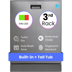 Equator 24" Built in Tall Tub Dishwasher 15 Place 3rd Rack 8 Wash 1400 RPM Turbo Dry 110V E-Star in Silver