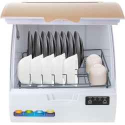 Small Countertop Dishwasher, 4 Washing Programs Neutral Freestanding Dishwasher with 3L Built-in Water Tank, 900W 360° Spraying Water Compact Dishwasher for Homes (900W White Gold)