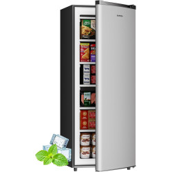 BANGSON 6.5 Cu.ft Upright Freezer, Stand up Freezer with Adjustable Thermostat, Removable Shelves, Reversible Single Door, for Bedroom/Home/Dorms/Apartment, Silver