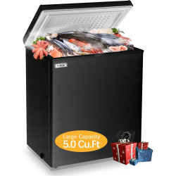 Chest Freezer 5.0 Cu.Ft Black Compact Freezer, Manual Defrost Deep Freezer with Storage Basket, Space-Saving Flat Back, Stay-Open Lid, Side-Access Drain for Home Basement Cottage Business