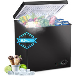 Compact Chest Freezer, 5.0 Cu Ft Deep Freezer with Removable Storage Basket, Mini Freezer with 7 Temperature Levels Thermostat, Black Top Open Door Freezer Ideal for Home, Kitchen & Office