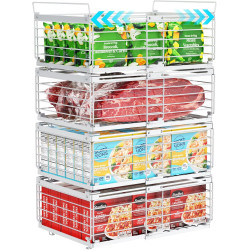 iSPECLE Freezer Organizer Bins - Fit 10 to 20 Cu.FT Deep Freezer, 4 Pack Large Expandable Stackable Chest Freezer Organizer Sort Frozen Food and Easily Get with Handle, Improve Air Circulation, White