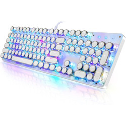 Typewriter Style Mechanical Gaming Keyboard RGB Backlit Wired with Blue Switch Retro Round Keycap 104 Keys Keyboard (White 104 K