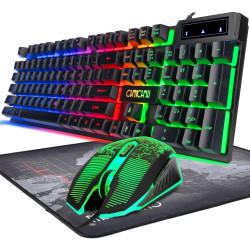 Keyboard and Mouse Gaming LED Wired Combo with Emitting Character Keyboard 4800DPI 2 Side Button USB Mouse Rainbow Backlit Mecha