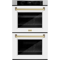 ZLINE 30 in. Autograph Edition Professional True Convection Double Wall Oven with Air Fry and Self Clean in Stainless Steel with White Matte Doors and Champagne Bronze Handles (WADZ-WM-30-CB)