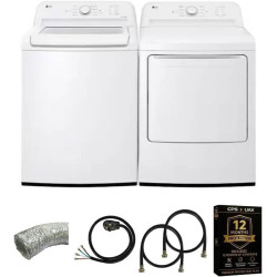 LG White Top Load Smart Washer and 7.3 cu ft Ultra Large Capacity Rear Control Electric Dryer Pair Energy Star Sensor Dry FlowSense Smart Diagnosis Hoses Vent Duct and 1 Year CPS Protection