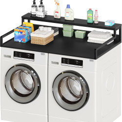 Washer Dryer Countertop with 2-Tier Shelf, 54" x 27.6" Laundry Countertop, Wooden Washer Dryer Shelf, Laundry Room Organization and Storage with Edge Rails and Non-Slip Pads, Black LS04BB