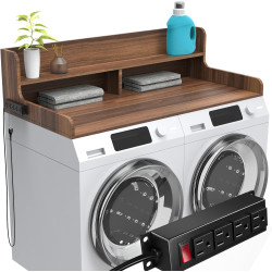 2-Tier Washer Dryer Countertop with Charge Station, 54" x 27.5" Top Cover for Laundry Machine, Washer and Dryer Wood Shelf Topper for Laundry Room Counter Storage Organization, Walnut