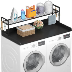 Lifewit Washer Dryer Countertop with Adjustable Shelf, Splice Type, 54" x 27.5" Melamine Cover for The Top with Edge Rails, Towel Rack, 8 Hooks, Laundry Room Storage and Organization, Black
