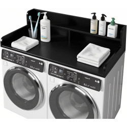 2-Tier Washer Dryer Countertop with 2.75" Protective Rails, 54" W x 27.5" D Laundry Topper with Non-Slip Pad and Shelf, Wood Laundry Room Organizer for Folding Clothes, Black,Black