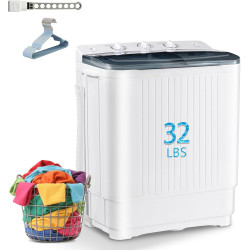Portable Mini Twin Tub 32lbs Washing Machine With Drying Rack& 10 Hangers, 20lbs Washer & 12lbs Spinner, Small Laundry Washer with Time Control for Camping, Apartments, RV (32lbs)