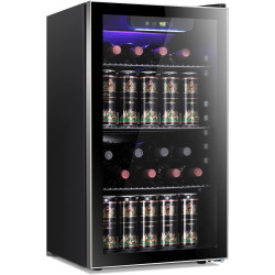 Antarctic Star 26 Bottle 130 Can Wine Cooler/Cabinet Beverage Refrigerator Mini Wine Cellar Beer Soda Clear Glass Door Bar Fridge Quiet Compressor Adjust Temp Freestanding Indoor Use 3.2cu.ft Black