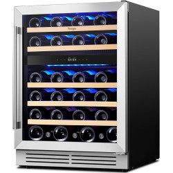 Yeego Wine Fridge Cooler - 24 Inch Dual Zone Wine Fridge Hold 47 Bottles, 40-65°F Wine Refrigerator Glass Door, Built in, Freestanding Under Counter Fridge for Beer Soda Drink Home Bar Office