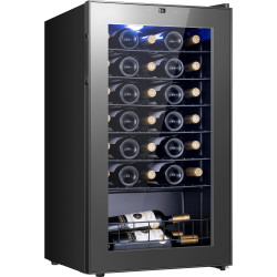 Yeego Wine Fridge, 34 Bottles Wine Cooler Refrigerator, 38-65℉ Freestanding Mini Fridge with Digital Temperature Control & Double-layer Glass Door & Blue Ambient Lights for Home, Kitchen, Office, Dorm