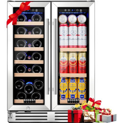 BODEGA 24 Inch Wine and Beverage Refrigerator, Dual Zone Wine and Bar Beverage Cooler, Commercial Black Bar Cooler With 2 Glass Doors, Bar Fridge Hold 19 Bottles and 57 Cans,Built-In or Freestanding.