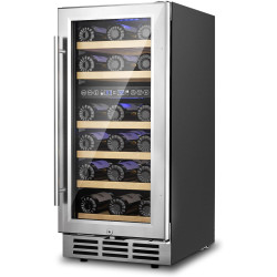 15 Inch Dual Zone Wine Fridge, 28 Bottles Under Counter Wine Refrigerator, with Removable Shelves, Double-Layer Glass Door, Wine Cooler for Built-In or Freestanding, for Home/Commercial