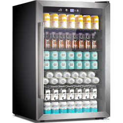 Joy Pebble Mini Fridge Beverage Cooler 145 Can Mini Fridge with Glass Door for Soda-Stainless Steel Silver Small Refrigerator with Adjustable Thermostat for Office Bedroom Home (4.4 cu.ft)