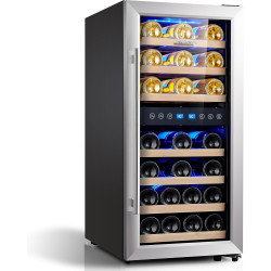 Phiestina Wine Cooler Refrigerator 16 inch Freestanding Wine Refrigerator 33 Bottles Dual Zones Mini Wine Fridge Auto Defrost with Temperature Memory Glass Door 7 Removable Shelves Quiet