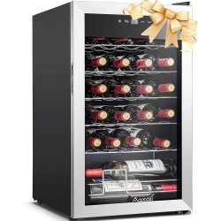 AAOBOSI 17 Inch Wine Cooler, 24 Bottles Wine Fridge, Wine Refrigerator Small with LED Display Light, Freestanding Wine Cellar with Low Noise Compressor, Adjustable Shelves