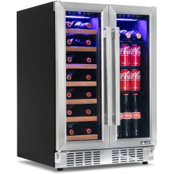 NewAir 24" Dual Zone Wine and Beverage Refrigerator, 20 Bottle & 78 Can, French Door Built-In Fridge with Lock, Stainless Steel Cooler with Tri-Color LED Lighting, Sapele Wood Shelves & Glass Racks