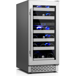 15 Inch Wine Fridge Under Counter, 28 Bottles Dual Zone Wine Cooler Refrigerator, 40-65°F, Stainless Steel Mini Chiller with Double Tempered Glass& Removable Shelves, Freestanding/Built-in