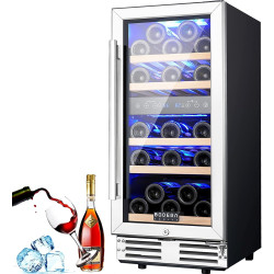 BODEGA 15 Inch Wine Cooler, Dual Zone 15” Wine Fridge With Double-Layer Glass Door, Freestanding or Built In Wine Cooler Refrigerator With Stainless Steel Handle, 30 Bottles Wine Fridge For Home.