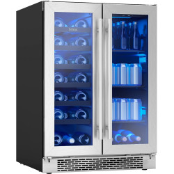 Zephyr Brisas 24 Inch Wine Fridge Dual Zone Under Counter Countertop Wine and Beverage Cooler Cabinet Home Bar Drink Beer Freestanding Refrigerator with French Door 21 Bottles 64 cans