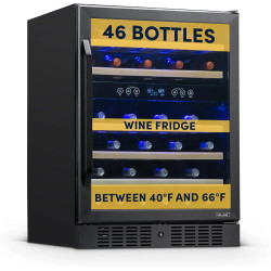 NewAir 24" Built-in Wine Fridge, 46 Bottle Dual Zone Wine Cooler with Lock, Black Stainless Steel Under Counter Wine Refrigerator with Removable Wooden Shelves for Home Bar & Kitchen Cabinet