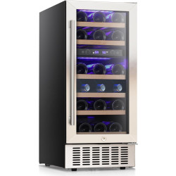COWSAR 28 Bottle Wine Fridge, Commercial Dual Zone Beverage Refrigerator, Independent Temp, LED, Under Counter Drink Wine Cooler Chiller with Stainless Steel Frame, Double-Layer Tempered Glass Door