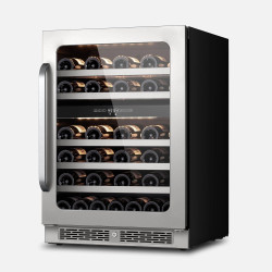 Wine Refrigerator Cooler Dual Zone Advanced Compressor Cooling Wine Fridge Under Counter with Glass Door 3 LED Built-in 46 Bottles Freestanding Seamless Frame for Home Bar Kitchen 5.65 cu.ft
