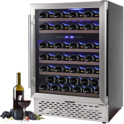 Wine Cooler Refrigerator 51 Bottles Compressor Dual Zone Built-in or Freestanding Fridge with Seamless Stainless Steel & Triple-Layer Tempered Reversible Glass Door and Temperature Memory Function