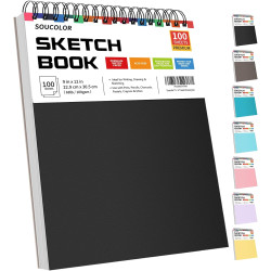 Soucolor Sketch Book, Spiral Bound Acid-Free Sketchbook with 68lb/100gsm for Paper Painting, Drawing, Writing, Artist Sketching Pad for Kids, Adults & Teens, 100 Sheets (Black, 9 x 12 Inch, Pack of 1)