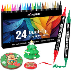 24 Colors Acrylic Paint Markers, Dual Tip with Fine Tip and Brush Tip Pens for Stone, Wood, Calligraphy, Canvas, Ceramic, Metal, Glass, Rock Painting, DIY Crafts